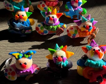 UV Reactive Punk Rock Polymer Clay Clowns, Hand-Sculpted Miniatures, Keychains