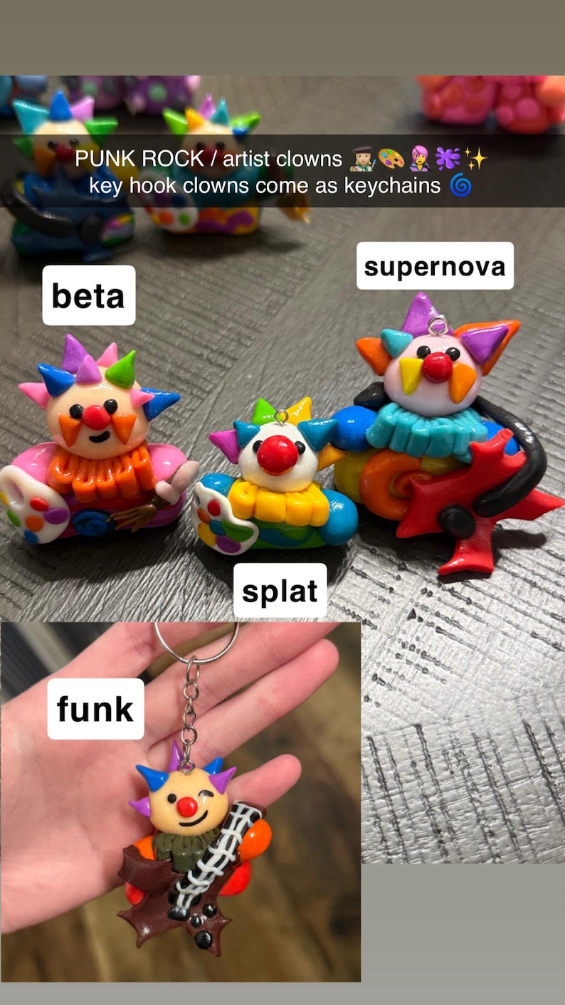 May include: A collection of colourful clown figurines and keychains featuring the labels beta, supernova, splat, and funk. The figures have spiked hair, red noses, and various accessories like paint palettes and guitars, with text reading PUNK ROCK / artist clowns.