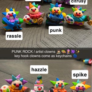 May include: Eight colourful clay clown figurines labelled as rocky, citrusy, rassle, punk, hazzle, beadz, warlocks, and spike. Each clown features a unique outfit, accessories like paint palettes or brushes, and a multi-coloured spiked hair design.