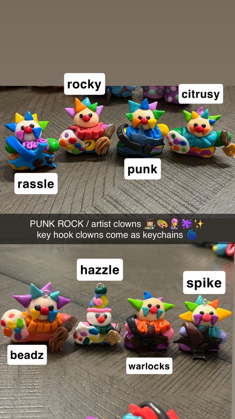May include: Eight colourful clay clown figurines labelled as rocky, citrusy, rassle, punk, hazzle, beadz, warlocks, and spike. Each clown features a unique outfit, accessories like paint palettes or brushes, and a multi-coloured spiked hair design.