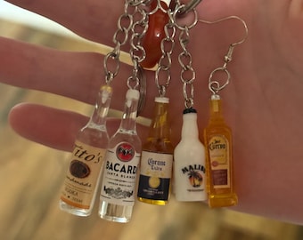 Miniature Liquor Bottle Keychain Earrings, Tito's, Bacardi, Corona, Malibu, Jose Cuervo Lover