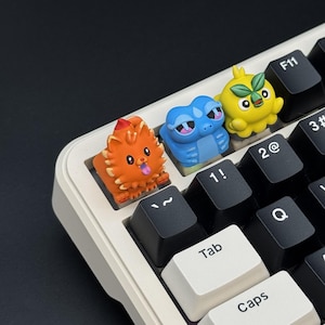 May include: A mechanical keyboard with custom keycaps featuring cartoon characters in orange, blue, and yellow. The keyboard has black and white keys, with the characters on the top row. The keycaps are a fun, decorative addition.