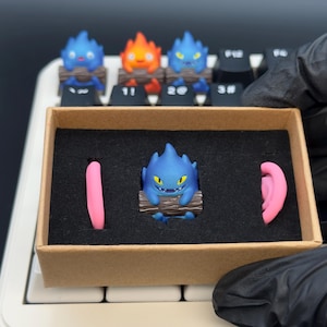 Blue Calcifer Keycap - Flame Spirit holding Log, Hand-Painted Artisan Key Cap for MX Switches, Anime Gift for Gamer