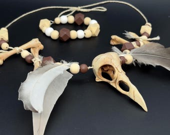 Raven Skull Necklace – Hand-Painted Gothic Bone Jewelry with Feathers | 3D Printed Accessory | Pagan Shaman Choker, Witchy Cosplay Gift