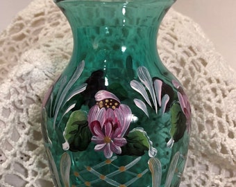 Painted Vase, green glass, Rosmaling, Vase, Scandinavian painted Vase, Original Design, Folk Art Cottage Roses, Norwegian Rosemaling Gift