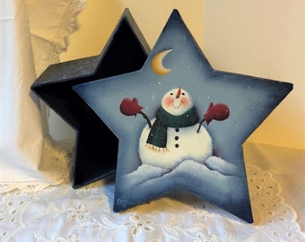 Painted snowman, Star Shaped, Paper Mache Box, Whimsical Snowman, Christmas decor, christmas box, ornament storage, Winter Folk Art, Gift