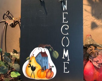 Painted on 2 sides, Welcome Slate sign, Painted Fall, porch decor, Rooster Welcome, Autumn door hanger, Painted slate, slate plaque