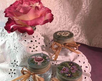 Hand Painted Glass Vanity Dresser Jar-Rimmed Trinket Jewelry Bathroom Round Jar-Daisy Design-Glass Bath Accessory