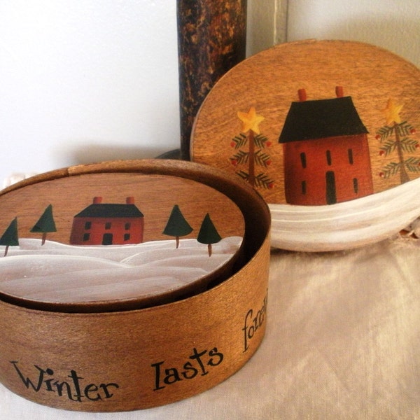 Hand Painted Nesting Saltbox Set OOAK Cabin Decor Prim Boxes OFG Team Tole Snow Winter Trees Rust Black Phrase Country Decor Home Decor