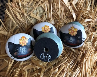 Painted knobs, Whimsical Kitty, Painted Wood, Vintage, Chest Drawer Knobs, cabinet Pull, Rustic design, Prim Tole cat, Terrye French Design