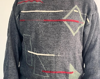 Vintage Abstract Pattern Knit Sweater, Unisex Crew Neck Pullover, Wool Blend Sweater Dark Grey