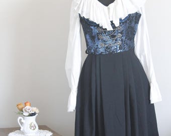 Vintage Dirndl Dress, Blue Velvet Bodice, Black Skirt, Bavarian Oktoberfest