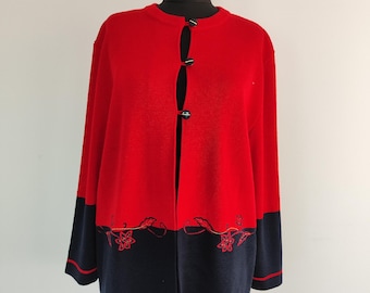 Vintage Floral Embroidered Cardigan, Red & Navy Blue Retro Knitwear