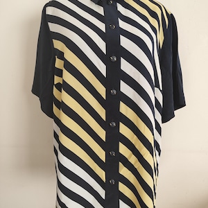 vintage yellow and navy striped shirt,oversized shirt,sleeved retro blouse,80s style,unisex shirt, vintage blouse,vintage clothes