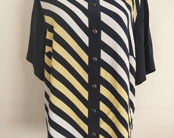 Vintage 80s Striped Oversized Shirt, Yellow & Navy Retro Blouse