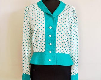 Vintage 80s Polka Dot Peplum Blouse, White Teal Retro Top