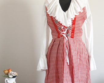Vintage Bavarian Dirndl Dress, Red Gingham Oktoberfest Costume