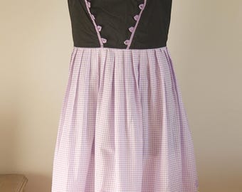 Vintage Bavarian Dirndl Dress, Black Bodice, Lilac Gingham Cotton Skirt