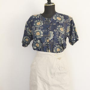 Vintage Floral Viscose Blouse, Size 40 Navy Blue Short Sleeve Shirt , 90s Button Up Summer Top,Loose Fit Retro Flower Print