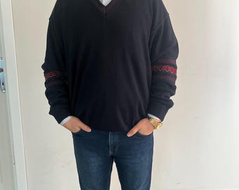 Vintage V Neck Sweater, Navy Blue Knit Jumper, Retro Pattern Sleeve Pullover, Classic Winter Knitwear