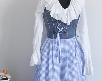 Vintage Bavarian Dirndl Dress EU 34, Blue Gingham Oktoberfest Dress with Apron & Side Zipper