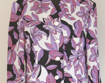 Vintage 80s Floral Print Blouse Jacket, Retro Button Down Top