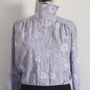Vintage Krügel Lilac Paisley Floral Blouse, High Neck Long Sleeve,80s Retro Polyester Shirt