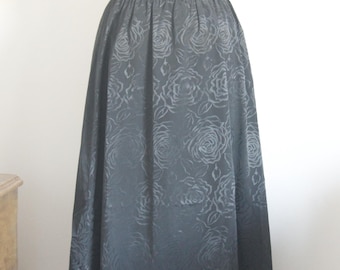 Black Jacquard Midi Skirt, Vintage Rose Pattern, High-Waisted A-Line