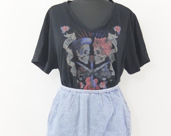 Tödliches Engel Schädel Grafik T-Shirt 2X, Rockabilly Biker T-Shirt, Vintage Style Baumwoll Top