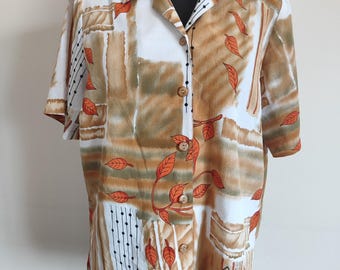 Vintage Leaf Print Blouse, 90s Retro Button-Up, Brown Orange Pattern