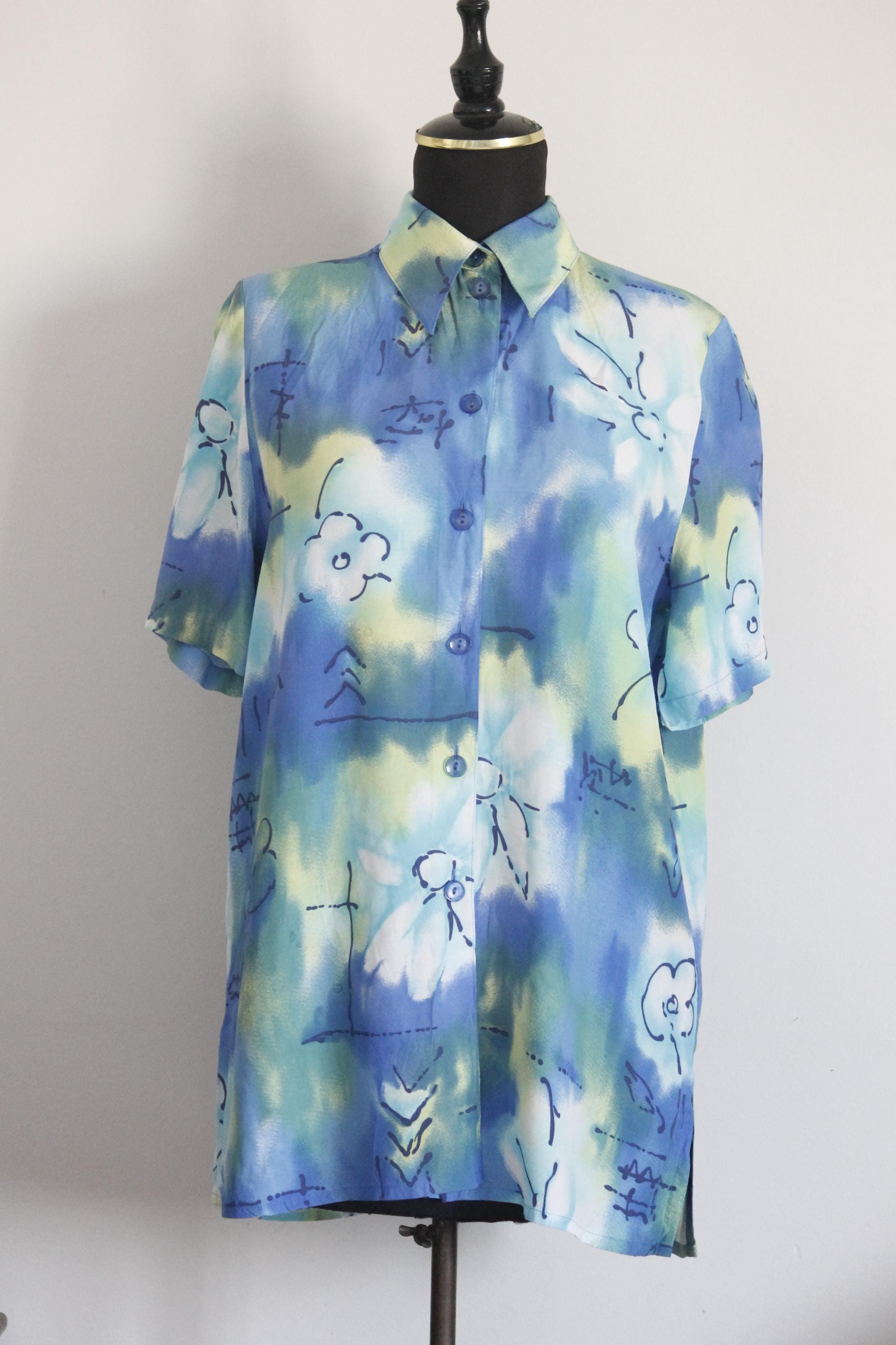 90s Blue Floral Viscose Blouse, Vintage Abstract Button-up Top - Etsy