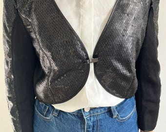 Bolero negro con lentejuelas, chaqueta corta de noche, chaqueta de noche con purpurina estilo vintage, chaqueta corta