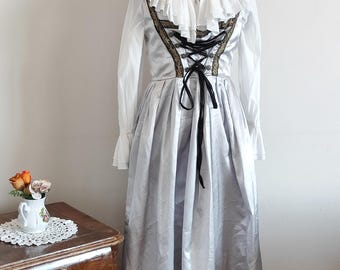 Vintage Bavarian Dirndl Dress, Silver Gray Renaissance Costume, Size 44
