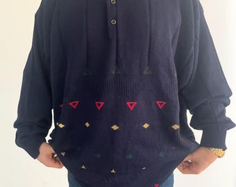 Vintage Men’s Navy V Neck Sweater, Retro Knit Jumper, Patterned Pullover, Cozy Winter Sweater