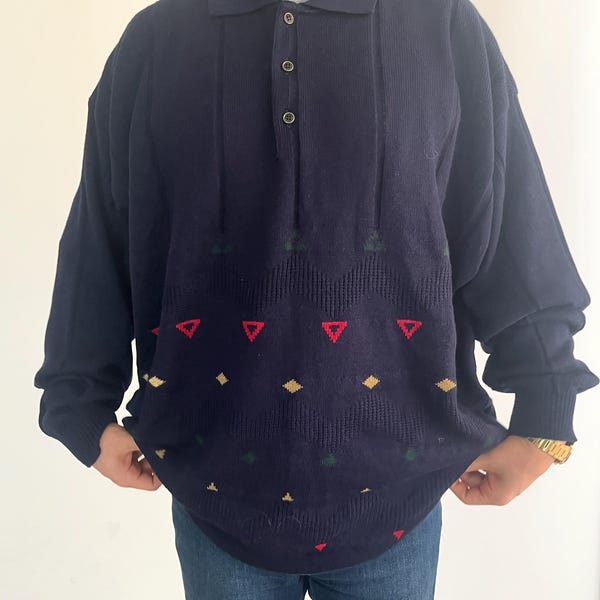 Suéter vintage azul marino con cuello en V para hombre, jersey de punto retro, jersey estampado, suéter acogedor de invierno