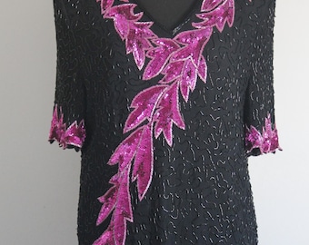 Vintage Frank Usher Silk Sequin Blouse, Pink Leaf Embroidery, Size L