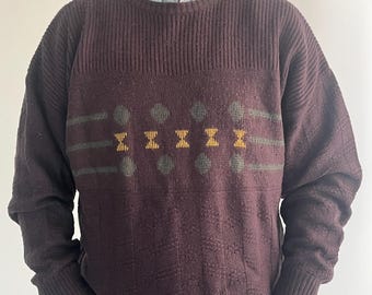 Suéter de punto con estampado vintage para hombre, jersey retro de cuello redondo, jersey marrón texturizado, prendas de punto para hombre de los años 90