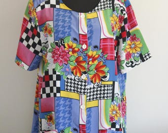 Vintage 80s Patchwork Floral Blouse, Colorful Retro Polyester Top