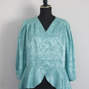 Vintage 80s Aqua Peplum Blouse, Shiny Jacquard Animal Print Shirt, Long Sleeve Button Up Retro Top
