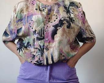 Vintage 90s Abstract Blouse, Artsy Colorful Button-Up Top, Size 44