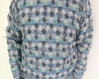 Vintage Patterned Knit Sweater Unisex, Retro 90s Crewneck Jumper, Blue Green Textured Pullover