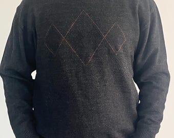 Vintage Dark Grey Merino Woo, Crew Neck Knit Pullover, Merino and Acrylic Classic Jumper