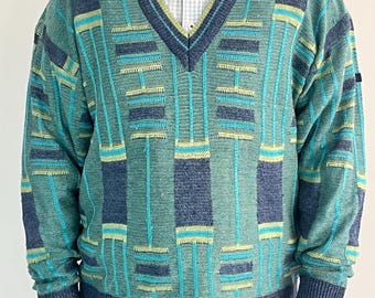 Vintage Patterned Sweater, Unisex Linen Blend Knit Pullover, Retro Geometric Sweater Blue Green