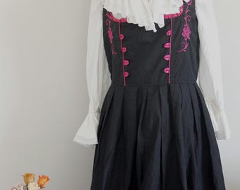 Vintage Embroidered Dirndl Dress, Black & Pink Bavarian Folk Costume