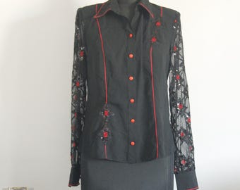 Vintage Black Lace Blouse, Sheer Sleeve Gothic Romantic Top