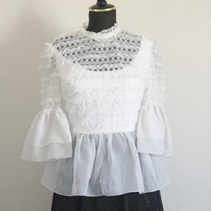 Vintage White Lace Blouse, Sheer Victorian Ruffle Sleeve Top
