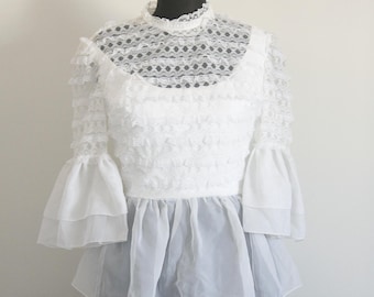 Vintage White Lace Blouse, Sheer Victorian Ruffle Sleeve Top