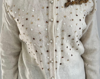 Vintage Embellished Cream Cardigan with Sequins & Pearls,  Wool Angora Blend, Soft Knit Button Up