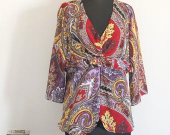 Vintage Paisley Blouse, 70s Boho Polyester Tunic - EU 44