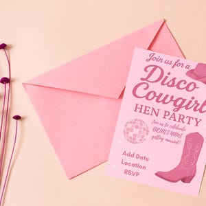 Disco Cowgirl Hen Party Invitation | Editable Pink Glitter Canva Template | Digital Bachelorette Party Download